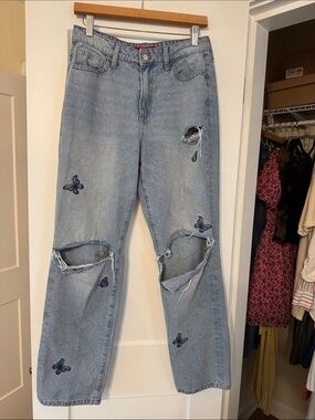 Guess Butterfly Embroidered Distressed Straight Leg Jeans Y2K Fairy Grunge Sz 6